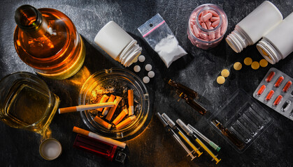 Addictive substances, including alcohol, cigarettes and drugs - obrazy, fototapety, plakaty