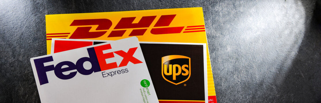 Envelopes of 3 popular courier services: UPS, FedEx and DHL