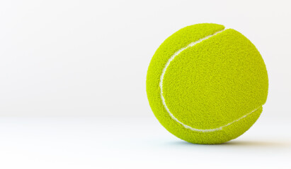 Realistic 3D tennis ball with copy space. Sport ball for big tennis. Horizontal banner. 3D render  illustration isolated on white background.