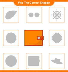 Find the correct shadow. Find and match the correct shadow of Wallet. Educational children game, printable worksheet, vector illustration