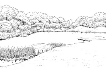 漫画風ペン画イラスト　和風_庭