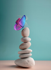 Harmony of Life Concept. Surrealist Butterfly on the Pebble Stone Stack. Metaphor of Balancing...