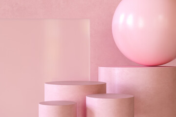3d illustration. Minimal pink scene of three empty podiums for product presentation