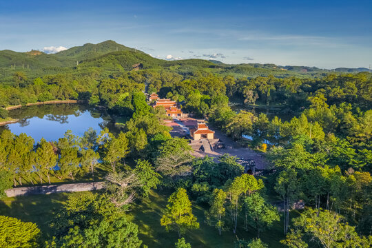 Minh Mang tomb near the Imperial City with the Purple Forbidden City within the Citadel in Hue, Vietnam. Imperial Royal Palace of Nguyen dynasty in Hue. Hue is a popular 