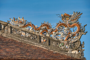Wonderful view of the Thai Hoa palace in the Imperial City with the Purple Forbidden City within the Citadel in Hue, Vietnam. Imperial Royal Palace of Nguyen dynasty in Hue. Hue is a popular 
