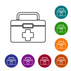 Black line First aid kit icon isolated on white background. Medical box with cross. Medical equipment for emergency. Healthcare concept. Set icons in color circle buttons. Vector Illustration