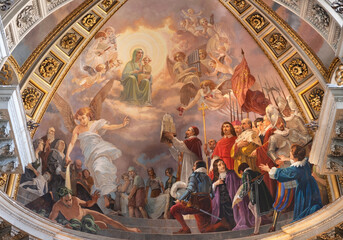 ROME, ITALY - SEPTEMBER 1, 2021: The fresco Pope Alexander VII offering the church to Our Lady in the main apse of the church Chiesa di Santa Maria in Campitelli by Giovan Battista Conti (1925).