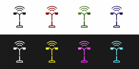 Set Smart street light system icon isolated on black and white background. Internet of things concept with wireless connection. Vector