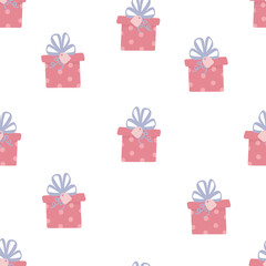 Seamless pattern with presents. Celebration gifts box.
