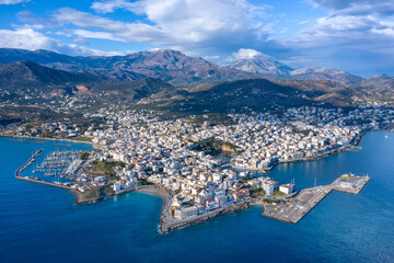 Agios Nikolaos,  a picturesque coastal town with colorful buildings around the port in the eastern part of the island Crete, Greece