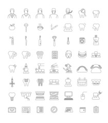 Dentistry icons. Thin line vector signs of dental clinic services. Oral health care concepts. Mouth hygiene, dental implants, surgery, orthodontic. Dentist office staff. Teeth diseases and treatment.