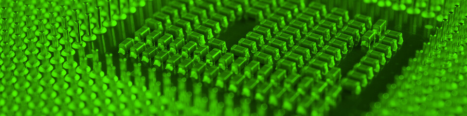 Computer processor close-up. Bright green tinted banner. Information technology headline. A pattern of contacts and semiconductors of a PC microprocessor. Macro