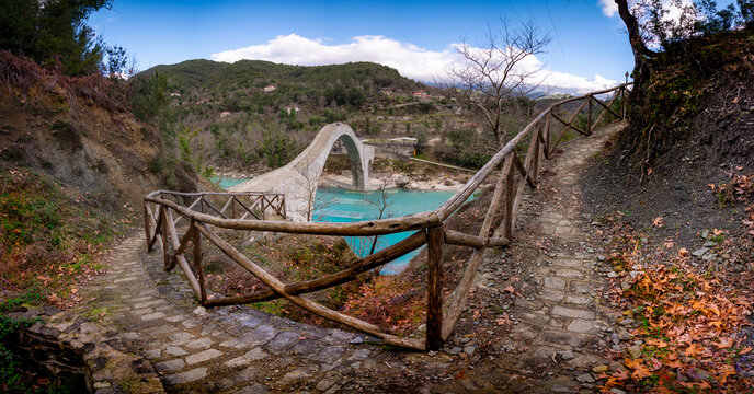 The great arched stone bridge of Plaka on Arachthos river, Tzoumerka, Greece.