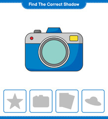 Find the correct shadow. Find and match the correct shadow of Camera. Educational children game, printable worksheet, vector illustration