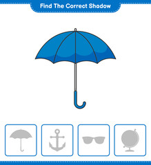 Find the correct shadow. Find and match the correct shadow of Umbrella. Educational children game, printable worksheet, vector illustration