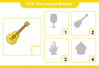 Find the correct shadow. Find and match the correct shadow of Ukulele. Educational children game, printable worksheet, vector illustration