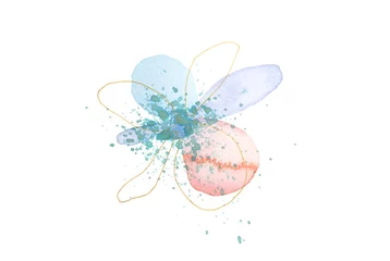 Foto op Plexiglas Abstract Watercolor flower blot with drops and doodle line elements on white background. © Liliia