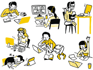Children stay home and study online, homeschooling concept. Various facial expression, bored, enjoyment, sleepy, happy, confuse. Cute doodle character style.