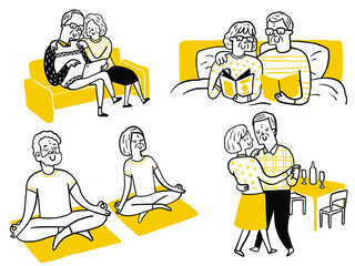 Doodle illustration cute character of senior couple lovers enjoying activities together at home, looking tablet, reading book on bed, meditation, dancing. Hand drawn design, simple style.