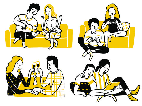 Couple lovers doing activities at home together, playing guitar, video game, drinking wine, and watch movie from tablet. Doodles, hand drawn sketch, cute and funny style. 