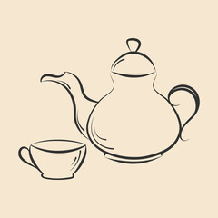 Tea time vector isolated elements. Tea pot, cup outline icons. Hand drawn ink brush line, sketch doodle style.