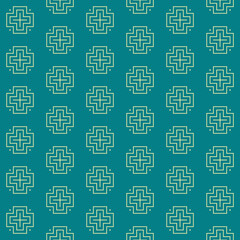 Obraz premium Seamless African mud cloth pattern with simple pastel yellow tribal cross decoration on turquoise background