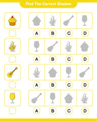 Find the correct shadow. Find and match the correct shadow of Cocktail, Cup Cake, Ukulele, and Coral. Educational children game, printable worksheet, vector illustration