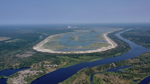 A drone view of the Chernobyl Nuclear Power Plant (ChNPP) and the Cooling pond in Chernobyl