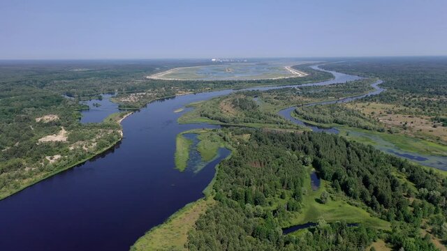 A drone view of the Chernobyl Nuclear Power Plant (ChNPP) and the Cooling pond in Chernobyl