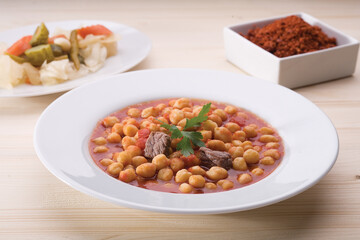 Turkish foods. Chickpea dish prepared on the table. close up