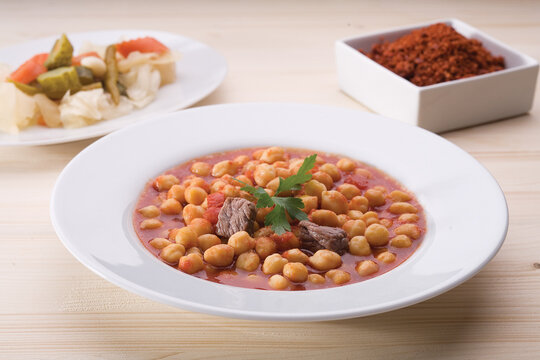 Turkish foods. Chickpea dish prepared on the table. close up