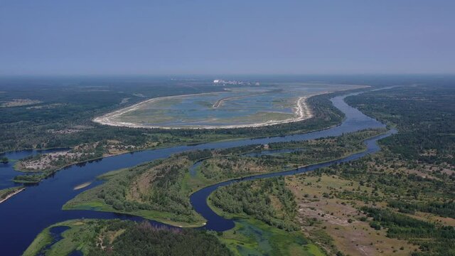 A drone view of the Chernobyl Nuclear Power Plant (ChNPP) and the Cooling pond in Chernobyl
