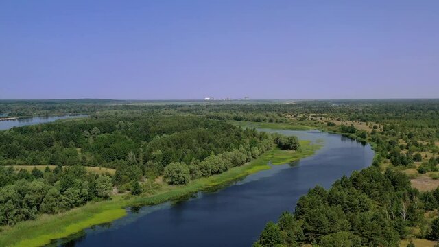 A drone view of the Chernobyl Nuclear Power Plant (ChNPP) and the Cooling pond in Chernobyl