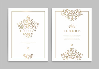 White and gold invitation card design with vector frame pattern. Vintage ornament template. Can be used for background and wallpaper. Elegant and classic vector elements great for decoration.
