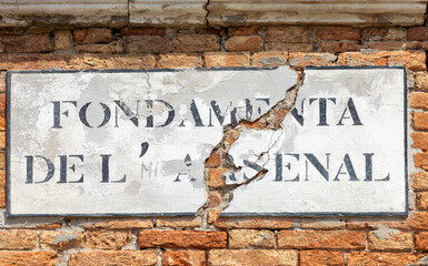 signage Fondamenta de l'Arsenale (engl: area of the Arsenal) in Venice, Italy,  the shipyard area in Venice