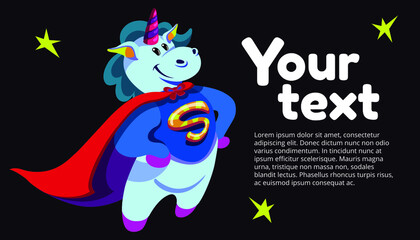 A cute unicorn in a red cape is like a superhero. Vector illustration. Banner design with a cartoon character.