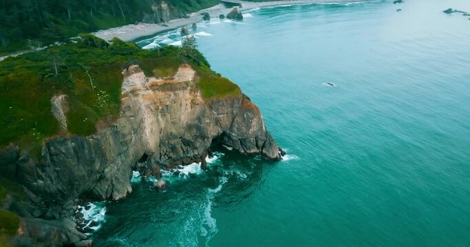 Aerial Panning Beautiful View Of Natural Rocks In Sea At Famous Ruby Beach