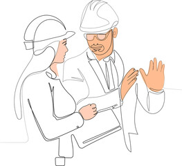 Continuous line drawing of a businessman and businesswoman in factory two professional people with helmets working in quality. Vector illustration