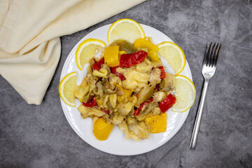 Roasted eggplant salad on a dark background. Turkish salad of baked eggplant. Patlıcan salata. Turkish cuisine appetizers. top view. close up