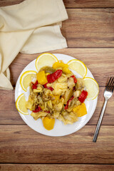 Roasted eggplant salad on a wooden background. Turkish salad of baked eggplant. Patlıcan salata. Turkish cuisine appetizers. top view. close up