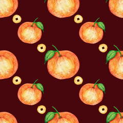 Watercolor pattern in the style of the Chinese New Year. Tangerines and coins on a brown background.