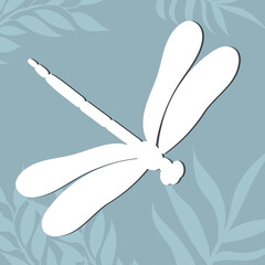 dragonfly white silhouette, flower background, icon, isolated, vector