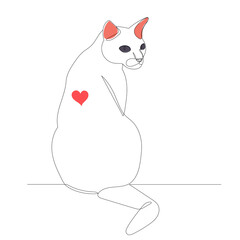 cat sitting drawing by one continuous line, isolated, vector