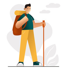 Illustration of asian man stay at home and have fun hobby - adventure. Vector eps10 isolated on white. Cartoon person character travel outdoor.