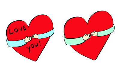 Two hands hug a red heart. A symbol of love, friendship, relationships and charity. Valentine's Day.