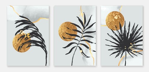 Fototapeta na wymiar Golden sun and botanical vector set. Wall art composition. Yellow gold circle, hand painted exotic leaves.