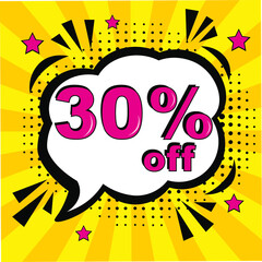 Pop art comic sale discount promotion banner. 30 percent off. Comic text 30 percent sale set discount. Promo sale thirty percent poster