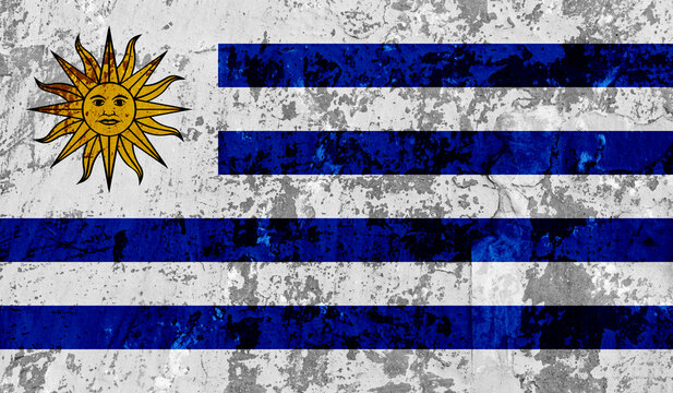 Uruguay flag on old paint on wall. 3D image