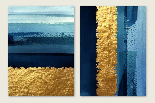 Abstract Gold Wall Art Diptych. Golden Shiny And Blue Shades Stripes. Watercolor Brush Strokes.