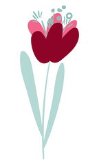 Pink crocus in naive style with blue stem and leaves